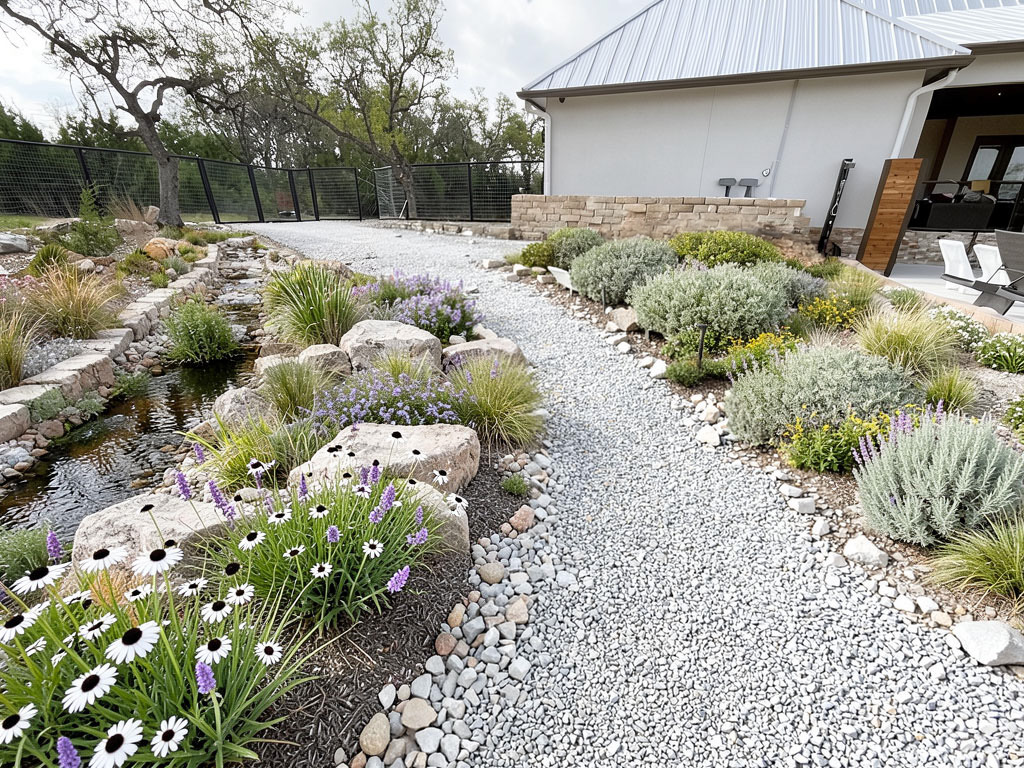 Hill Country estate native garden — boulder placement, river-stone borders, daisies and lavender, decomposed-granite path, limestone wall